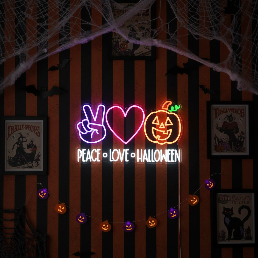 Peace Love Halloween LED Neon Sign by LEDNeons - Dark Background
