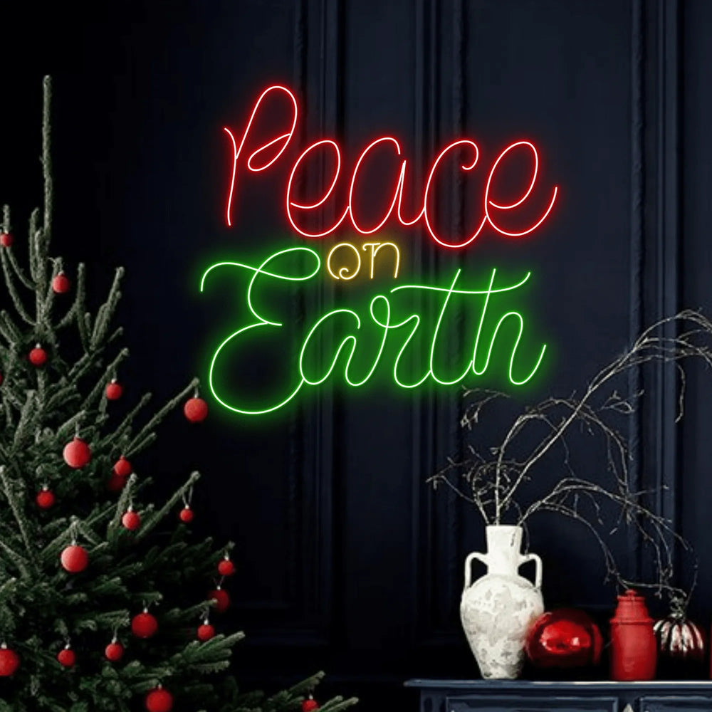 Peach on Earth Neon Sign by LEDNeons - Radiating with festive red, green, and yellow neon hues to add holiday cheer.