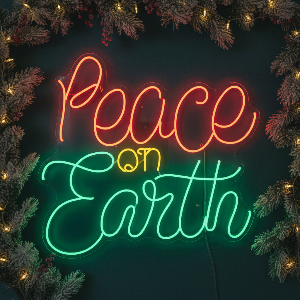 Peach on Earth Neon Sign by LEDNeons - Radiating with festive red, green, and yellow neon hues to add holiday cheer.