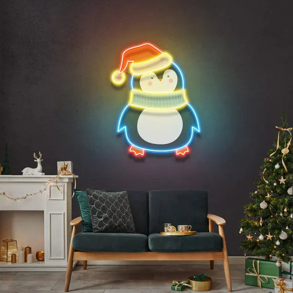 Penguin with Xmas hat Merry Christmas Neon Sign by LEDNeon's - Add festive winter charm with this snowman neon sign.