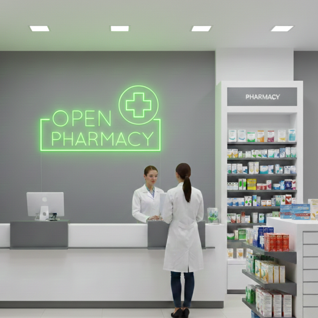Pharmacy Open" Business Neon Sign by LEDNeons - bright Neon Sign indicates that pharmacy is open for Customers 