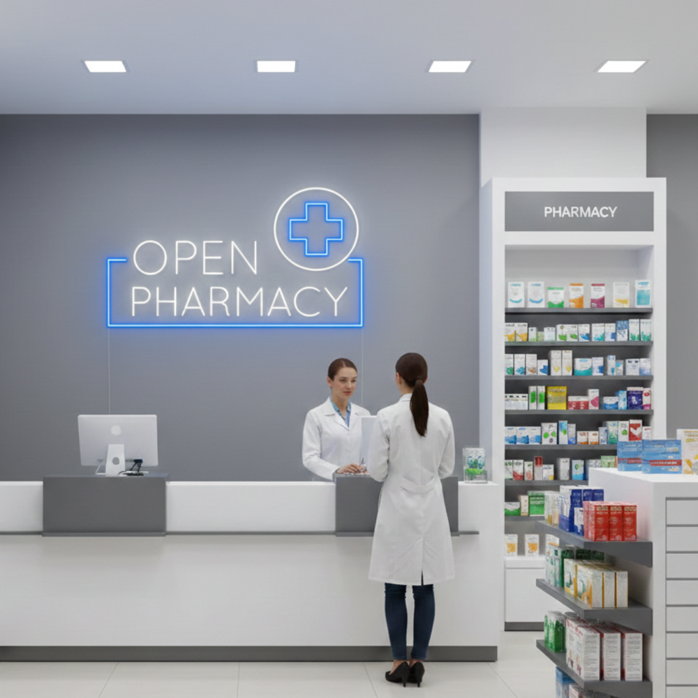 Pharmacy Open" Business Neon Sign by LEDNeons - bright Neon Sign indicates that pharmacy is open for Customers 
