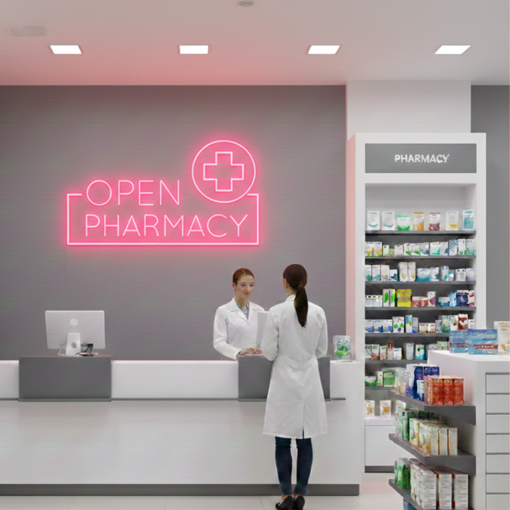 Pharmacy Open" Business Neon Sign by LEDNeons - bright Neon Sign indicates that pharmacy is open for Customers 