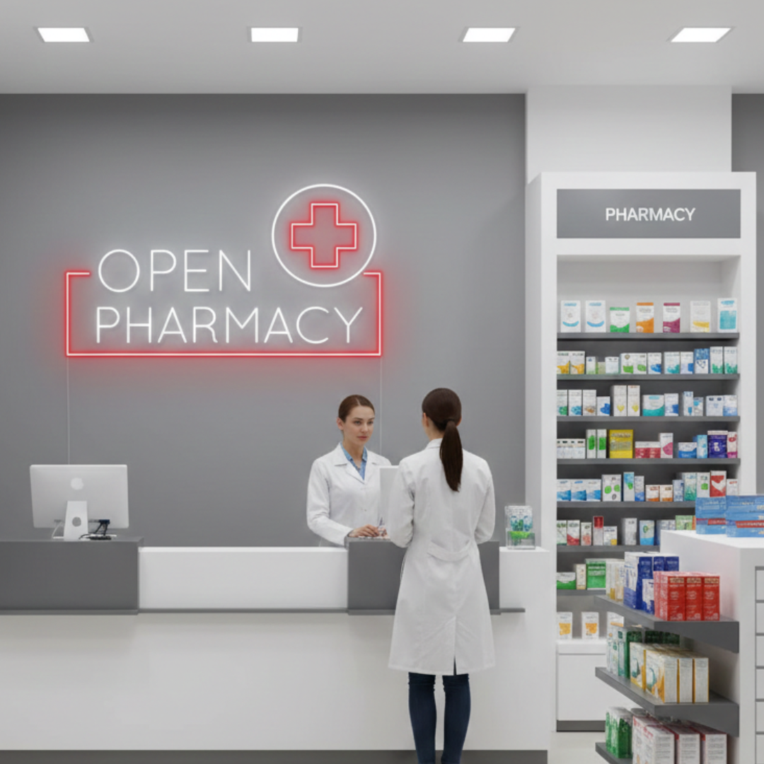 Pharmacy Open" Business Neon Sign by LEDNeons - bright Neon Sign indicates that pharmacy is open for Customers 