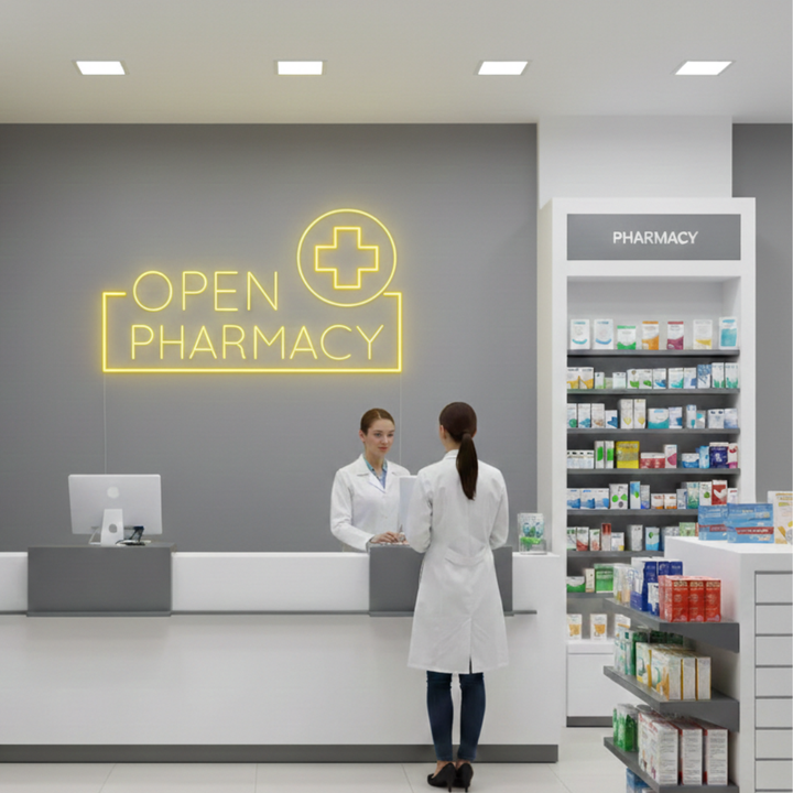 Pharmacy Open" Business Neon Sign by LEDNeons - bright Neon Sign indicates that pharmacy is open for Customers 