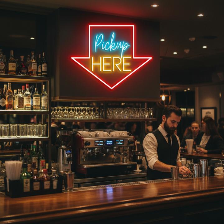 Pick Up Here" With Arrow Neon sign by LEDNeons - brightly glowing to direct customers to the pickup area.