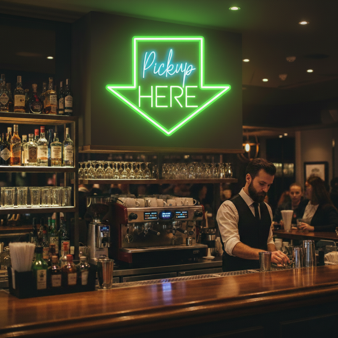 Pick Up Here" With Arrow Neon sign by LEDNeons - brightly glowing to direct customers to the pickup area.