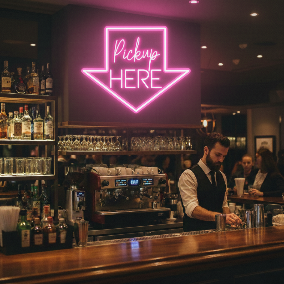 Pick Up Here" With Arrow Neon sign by LEDNeons - brightly glowing to direct customers to the pickup area.