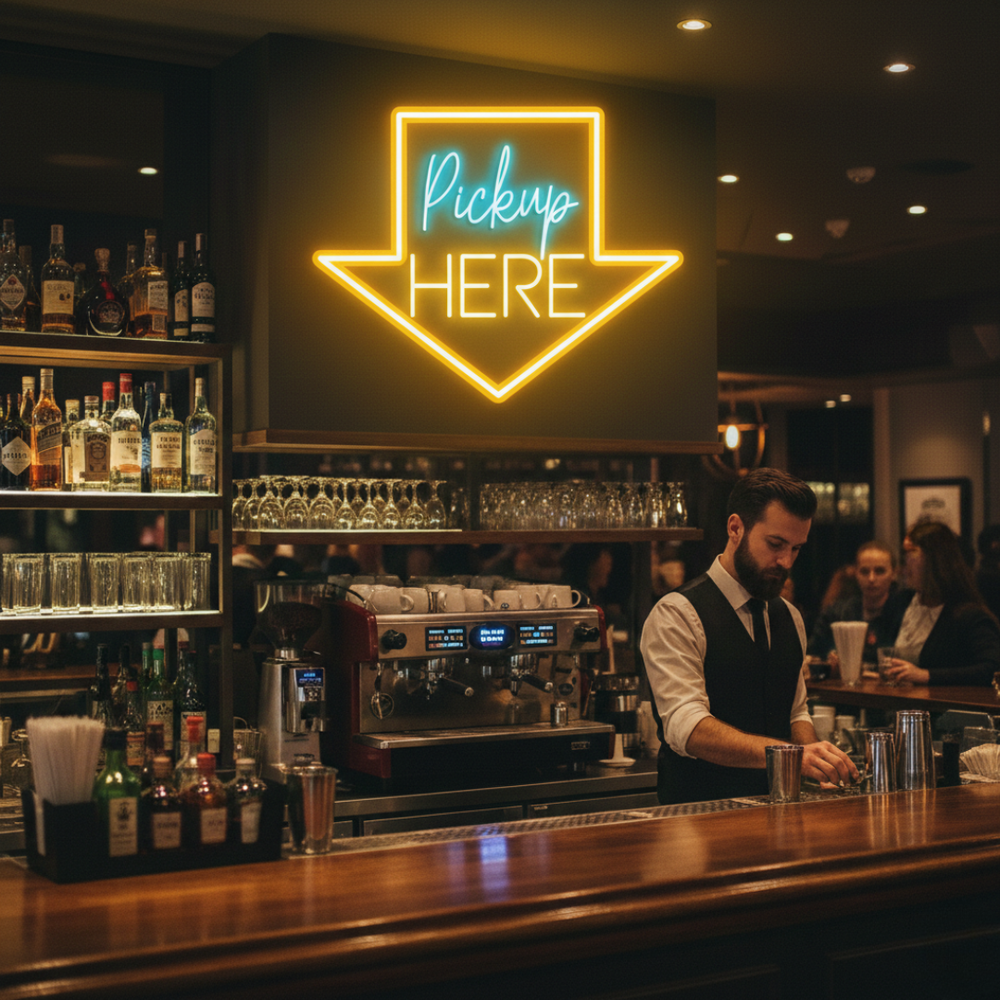 Pick Up Here" With Arrow Neon sign by LEDNeons - brightly glowing to direct customers to the pickup area.