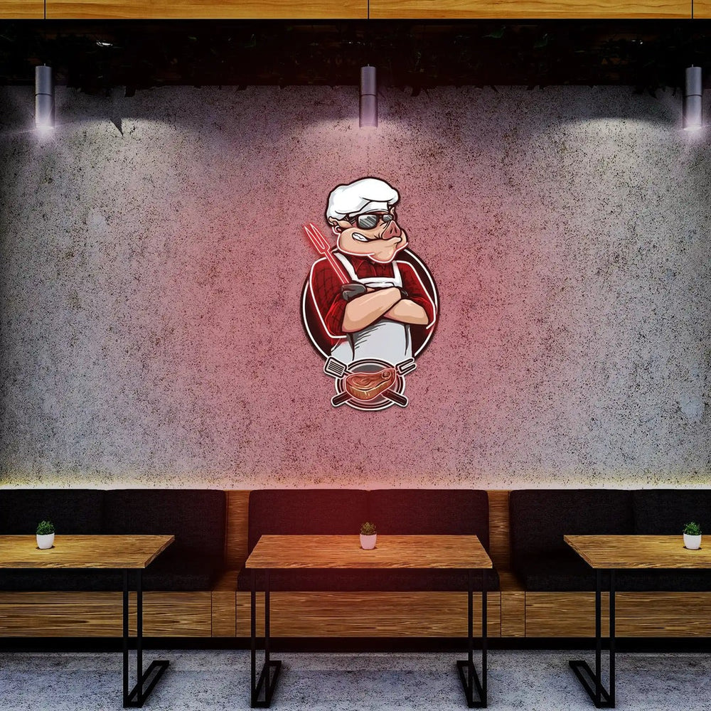 Pig Chef under UV light artwork by LEDNeons — a playful neon design featuring a cheerful pig chef