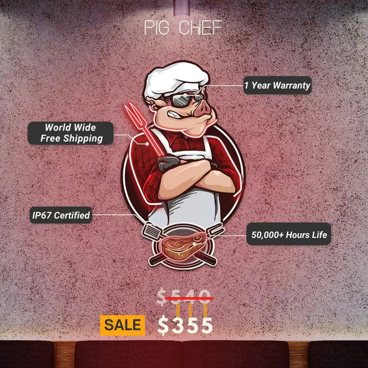 Pig Chef under UV light artwork by LEDNeons — a playful neon design featuring a cheerful pig chef