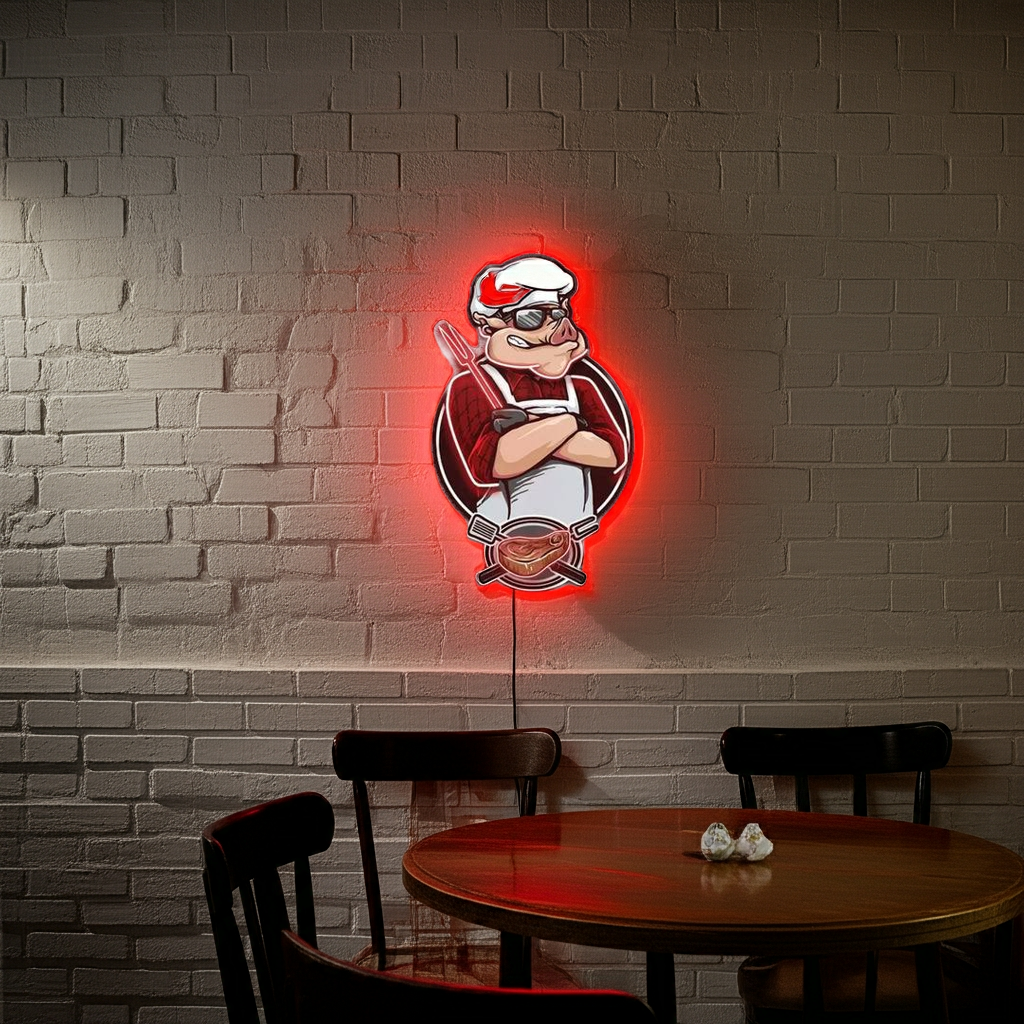 Pig Chef under UV light artwork by LEDNeons — a playful neon design featuring a cheerful pig chef