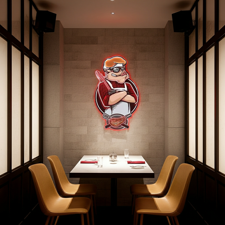 Pig Chef under UV light artwork by LEDNeons — a playful neon design featuring a cheerful pig chef