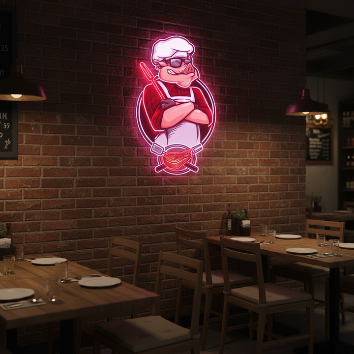 Pig Chef under UV light artwork by LEDNeons — a playful neon design featuring a cheerful pig chef