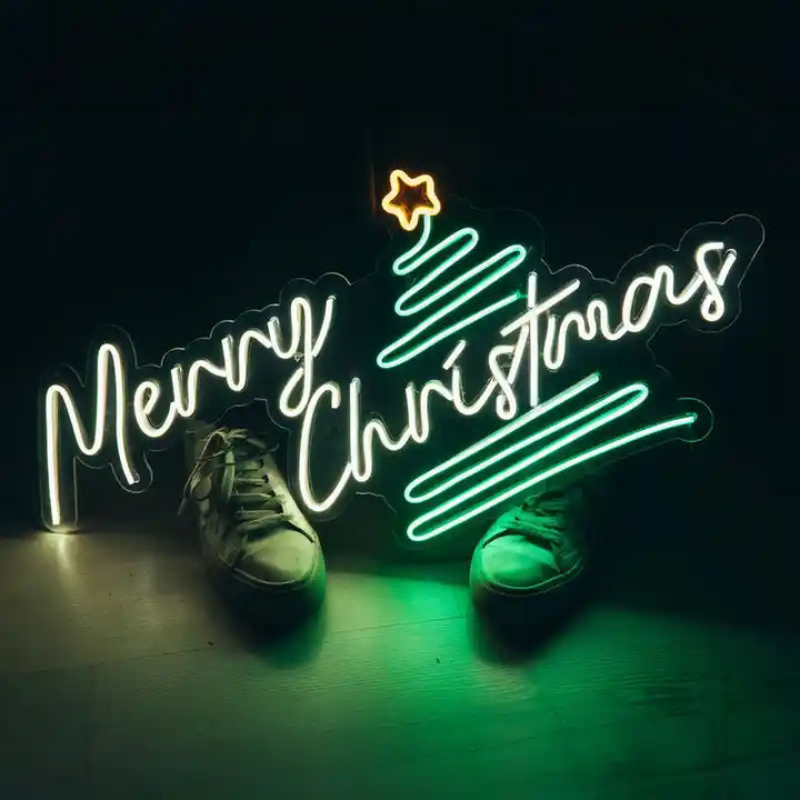 Pine Tree Merry Christmas Neon Sign by LEDNeons  - Black Background