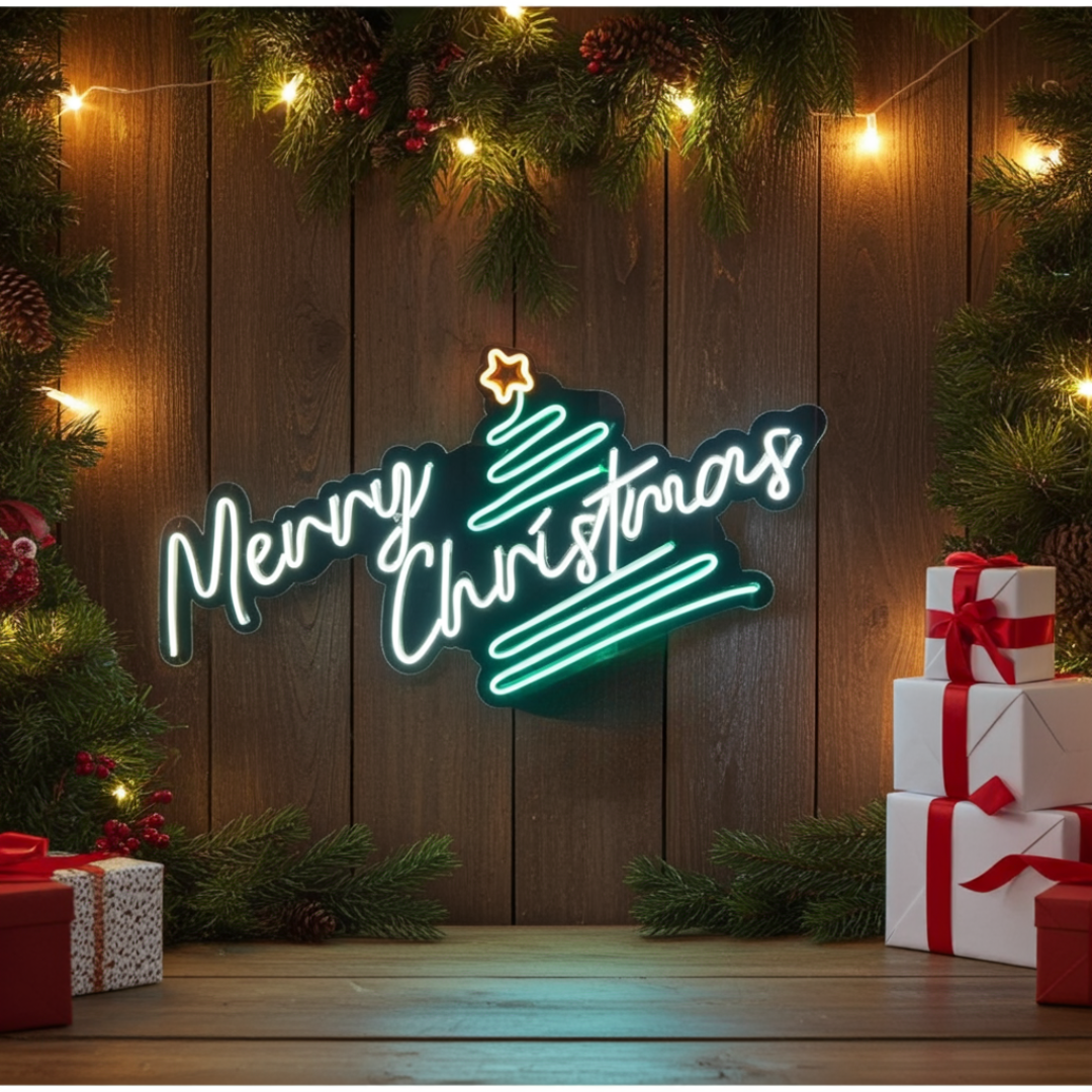 Pine Tree Merry Christmas Neon Sign by LEDNeons  - Merry Christmas” message, perfect for home or office decoration.