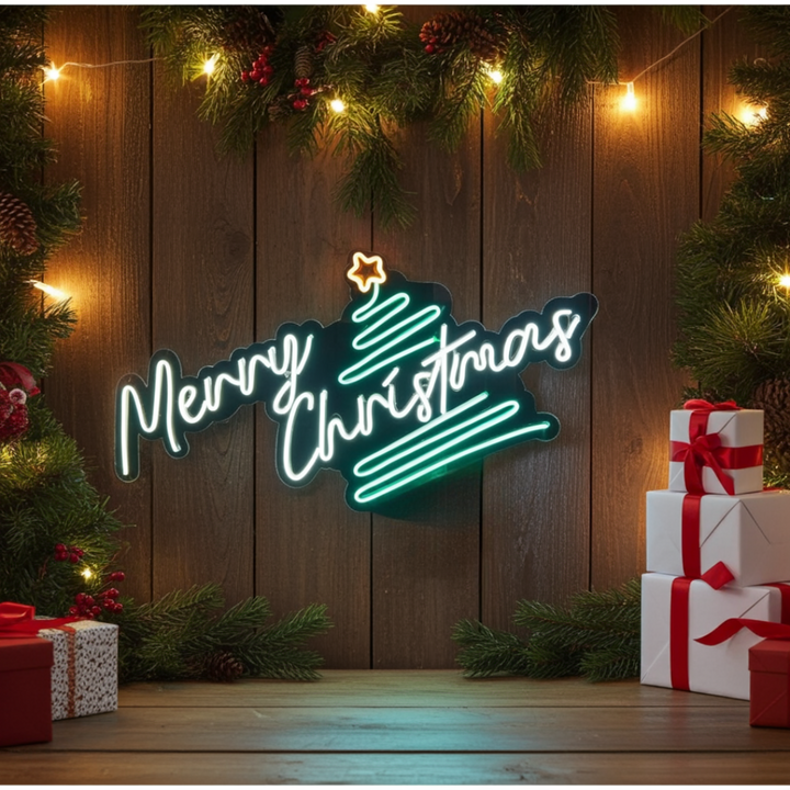 Pine Tree Merry Christmas Neon Sign by LEDNeons  - Merry Christmas” message, perfect for home or office decoration.