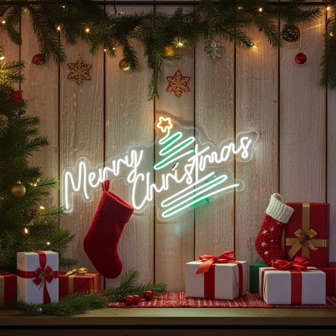 Pine Tree Merry Christmas Neon Sign by LEDNeons  - Merry Christmas” message, perfect for home or office decoration.