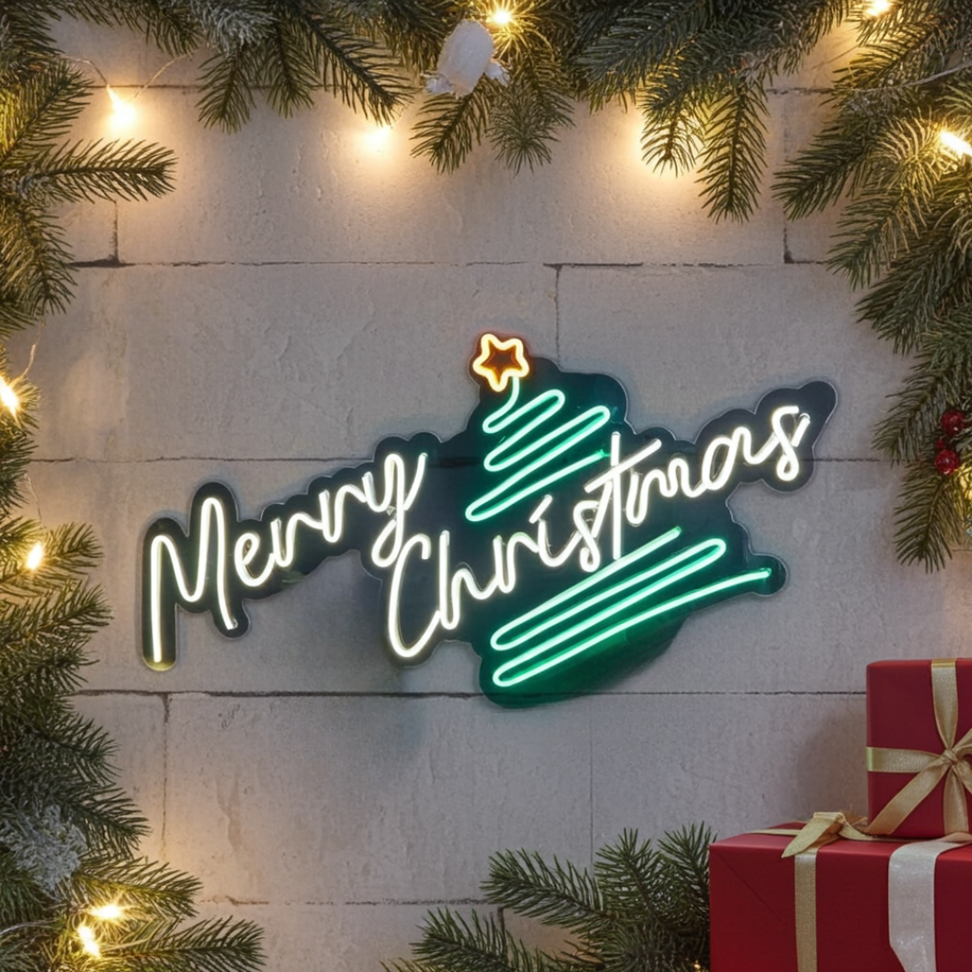 Pine Tree Merry Christmas Neon Sign by LEDNeons  - Merry Christmas” message, perfect for home or office decoration.
