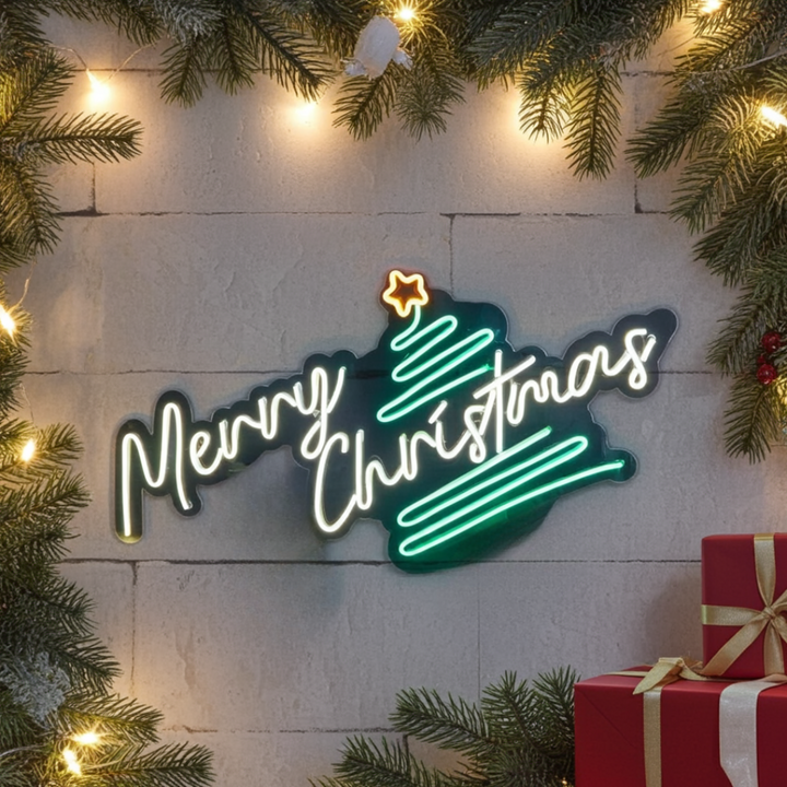 Pine Tree Merry Christmas Neon Sign by LEDNeons  - Merry Christmas” message, perfect for home or office decoration.