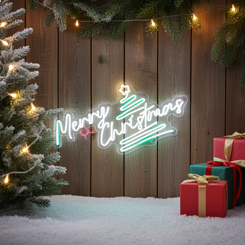 Pine Tree Merry Christmas Neon Sign by LEDNeons  - Merry Christmas” message, perfect for home or office decoration.