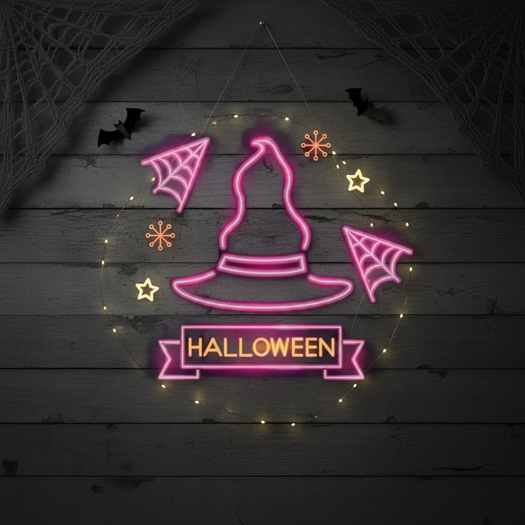Pink Witch Hat Halloween LED Neon Sign by LEDNeons - Fun and festive light-up décor for Halloween events.