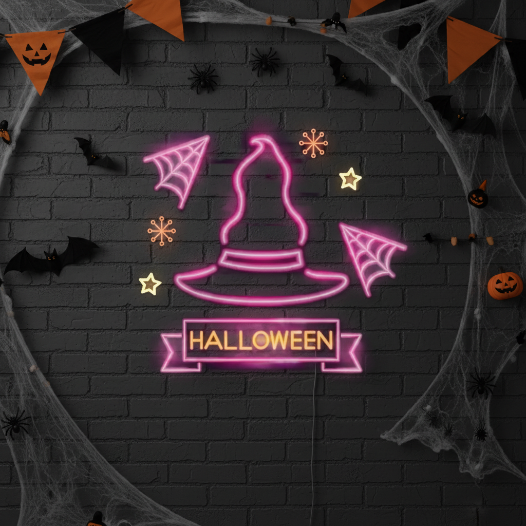 Pink Witch Hat Halloween LED Neon Sign by LEDNeons - Fun and festive light-up décor for Halloween events.