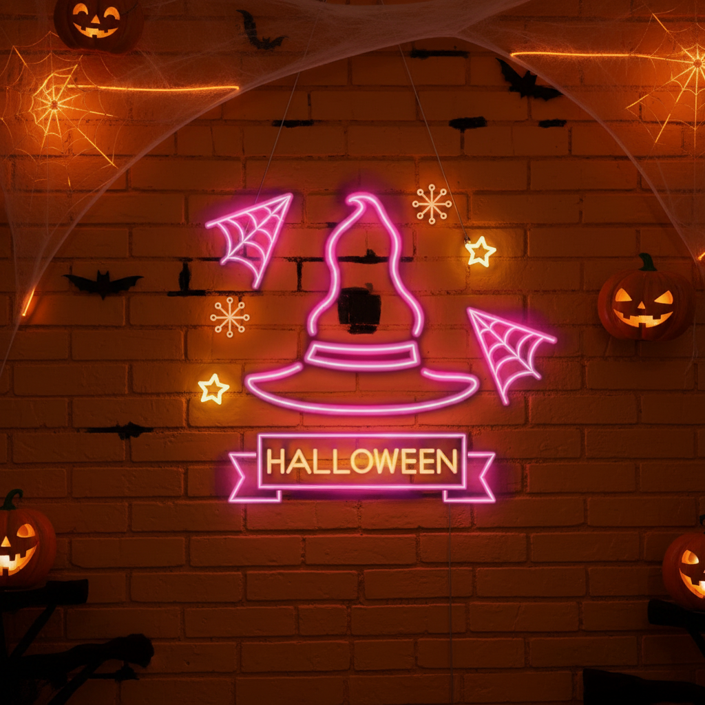 Pink Witch Hat Halloween LED Neon Sign by LEDNeons - Fun and festive light-up décor for Halloween events.