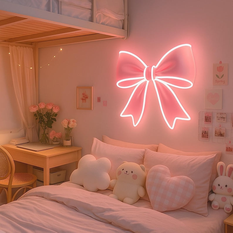 Pink bow-shaped LED Neon sign by LedNeons.com - glowing softly on a wall, adding a cute and feminine touch to the decor.