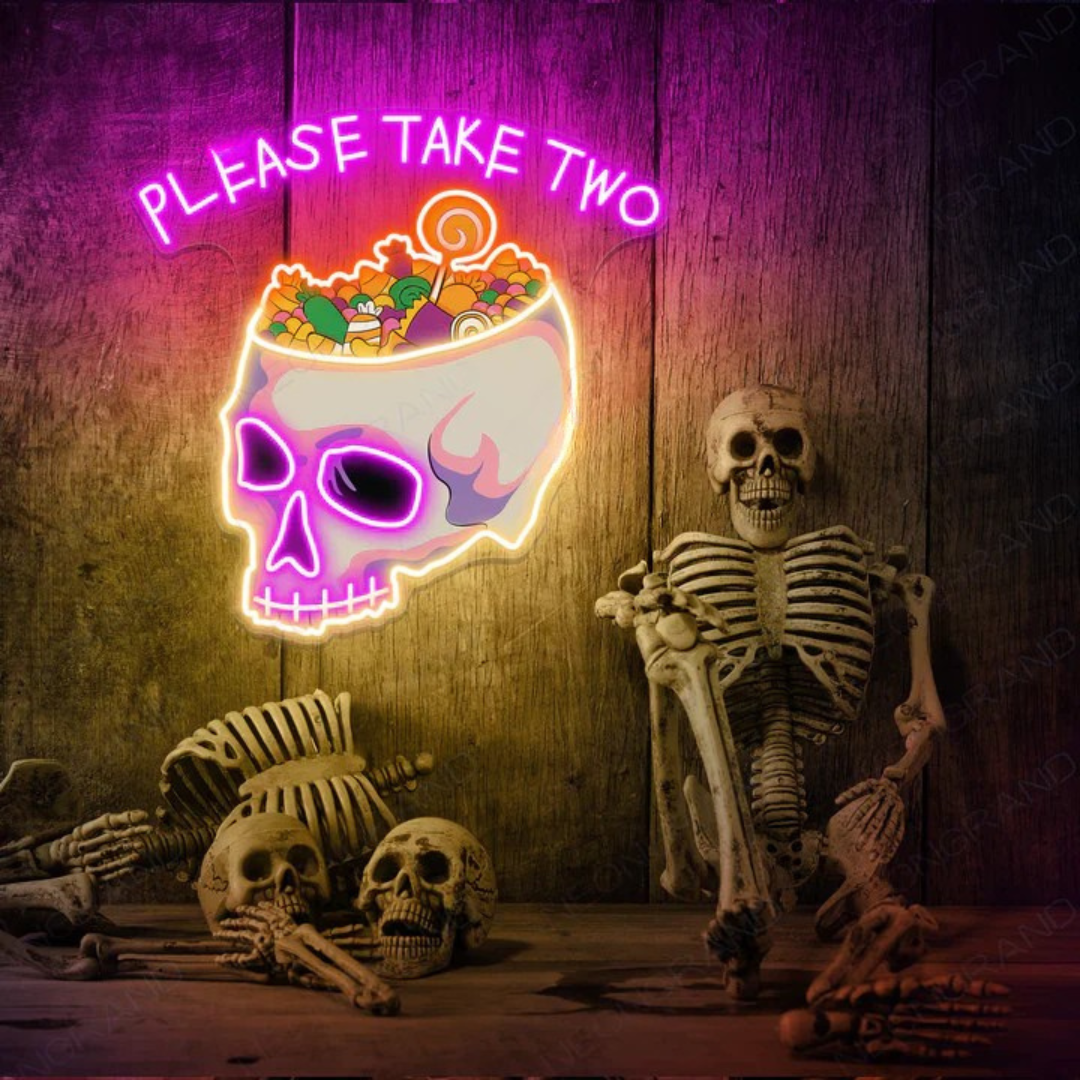 Please Take Two" Halloween LED Neon Sign by LEDNeon's featuring glowing neon letters in a spooky style ideal for candy tables, trick-or-treat stations, or Halloween party décor.