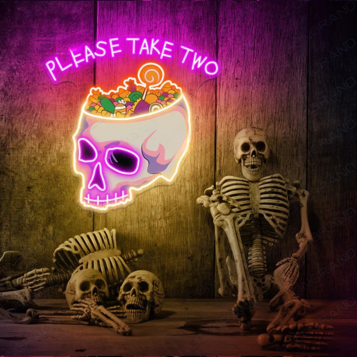 Please Take Two" Halloween LED Neon Sign by LEDNeon's featuring glowing neon letters in a spooky style ideal for candy tables, trick-or-treat stations, or Halloween party décor.