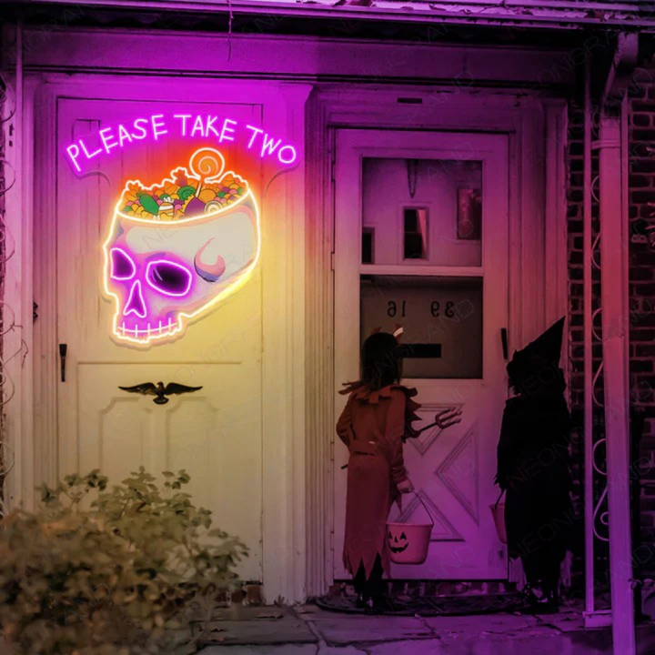 Please Take Two" Halloween LED Neon Sign by LEDNeon's featuring glowing neon letters in a spooky style ideal for candy tables, trick-or-treat stations, or Halloween party décor.