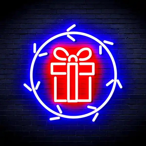 Present in Holly Wreath Merry Christmas Neon Sign by LEDNeons - Blue and Red