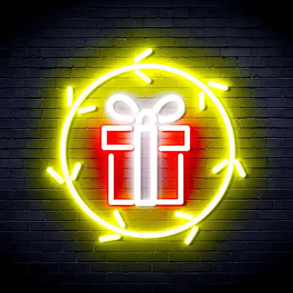 Present in Holly Wreath Merry Christmas Neon Sign by LEDNeons - Yellow and Red
