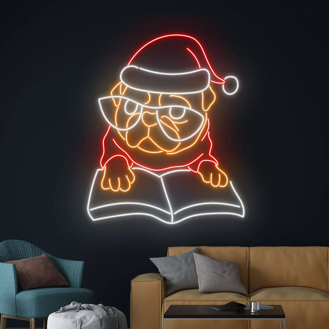 Pug Book Merry Christmas Neon Sign by LEDNeons - glowing in festive holiday colors