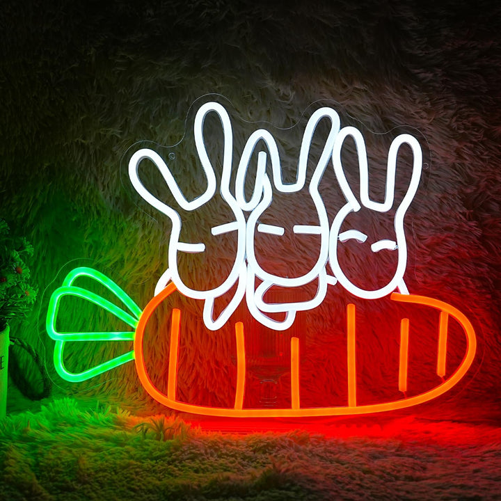 Rabbit Carrots Easter neon sign glowing on wall for festive decor by LEDNeons