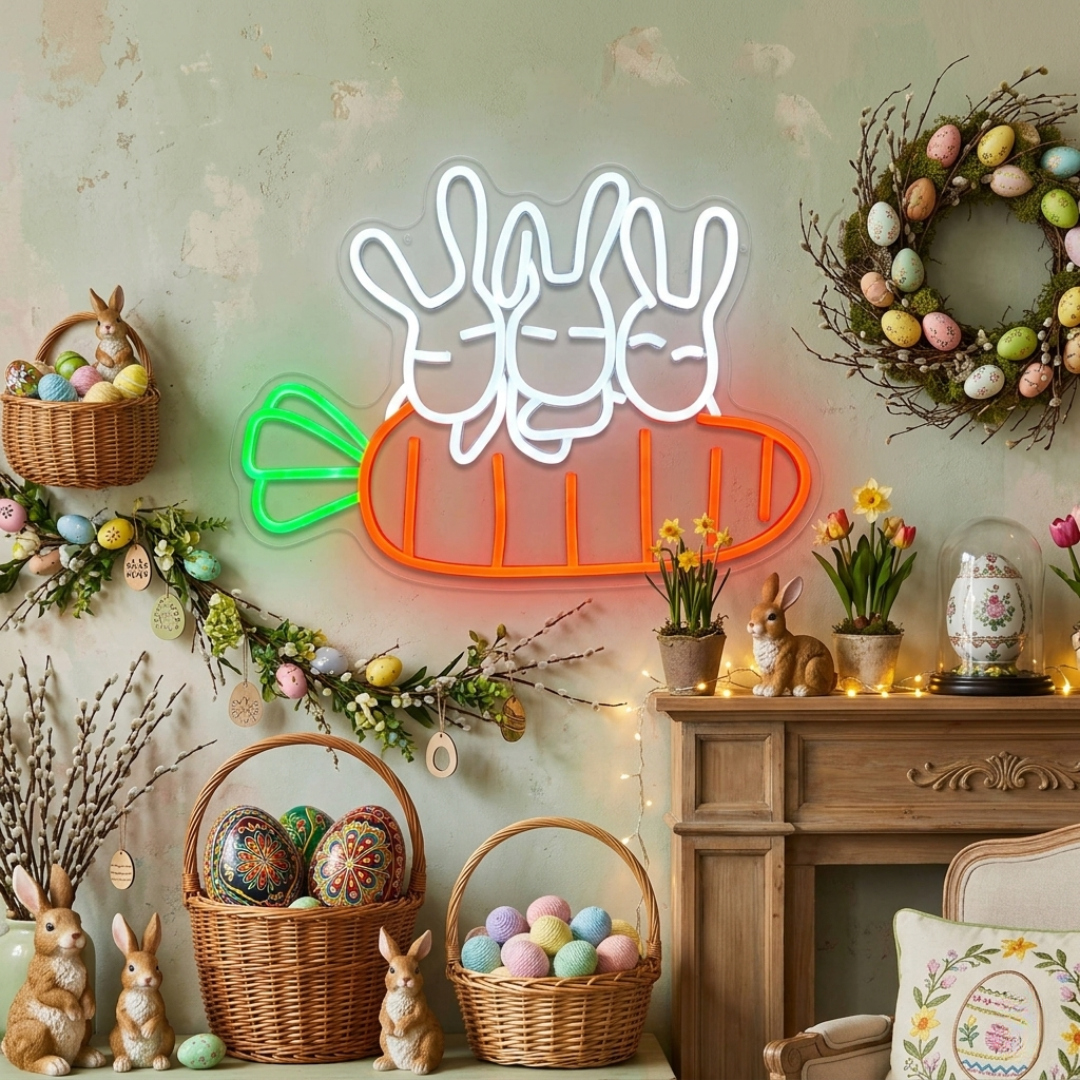 Rabbit Carrots Easter neon sign glowing on wall for festive decor by LEDNeons