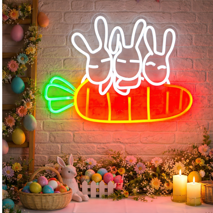 Rabbit Carrots Easter neon sign glowing on wall for festive decor by LEDNeons