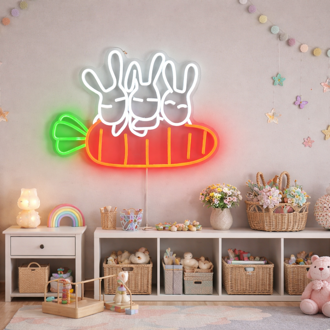 Rabbit Carrots Easter neon sign glowing on wall for festive decor by LEDNeons
