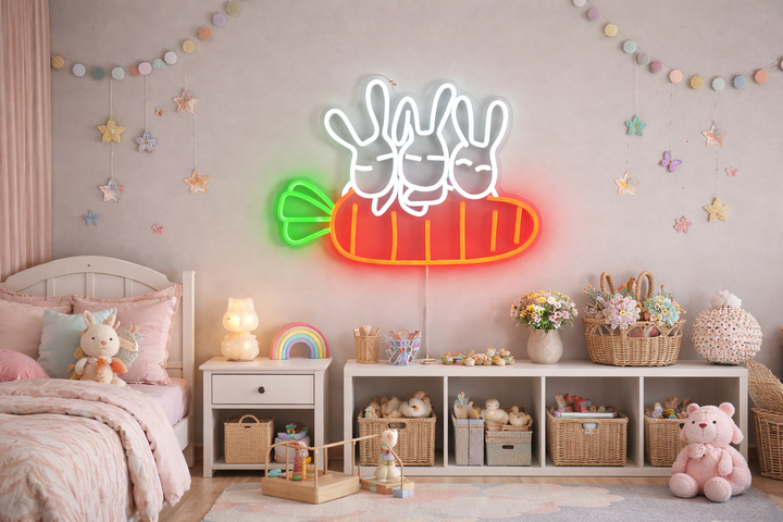 Rabbit Carrots Easter neon sign glowing on wall for festive decor by LEDNeons