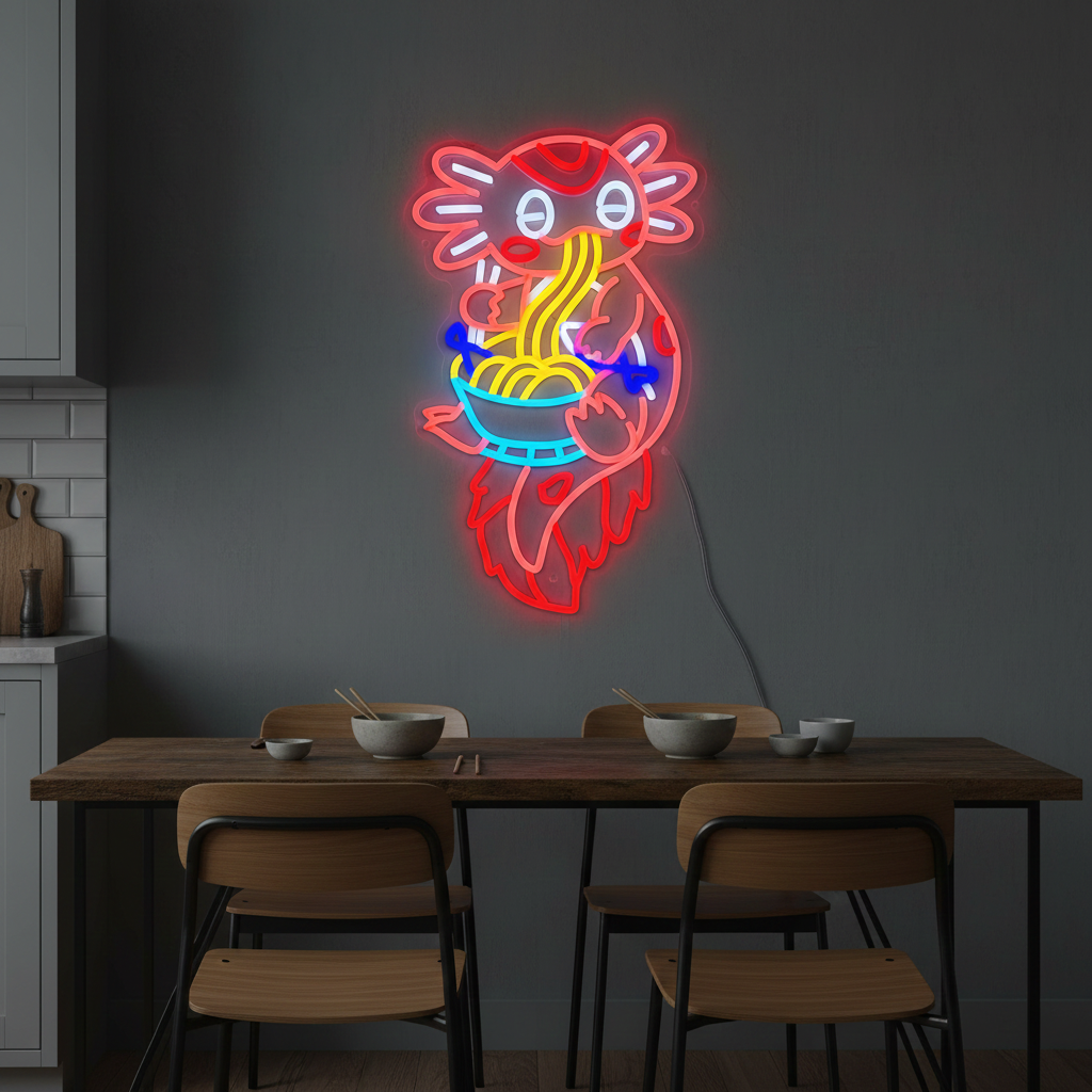 Ramen Salamander LED Neon sign By LEDNeons  - featuring a glowing salamander with a bowl of ramen, adding colorful and playful light to a room.