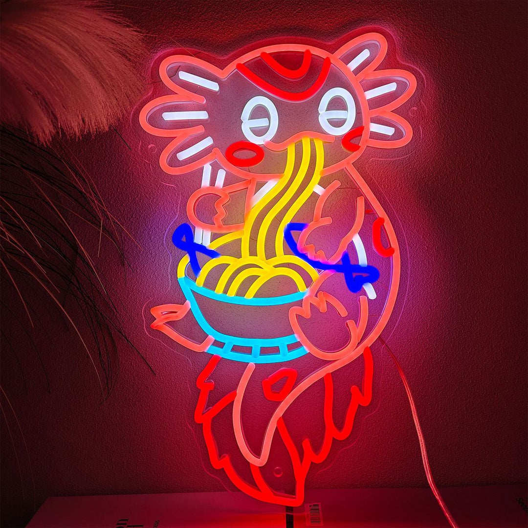 Ramen Salamander LED Neon sign By LEDNeons  - featuring a glowing salamander with a bowl of ramen, adding colorful and playful light to a room.