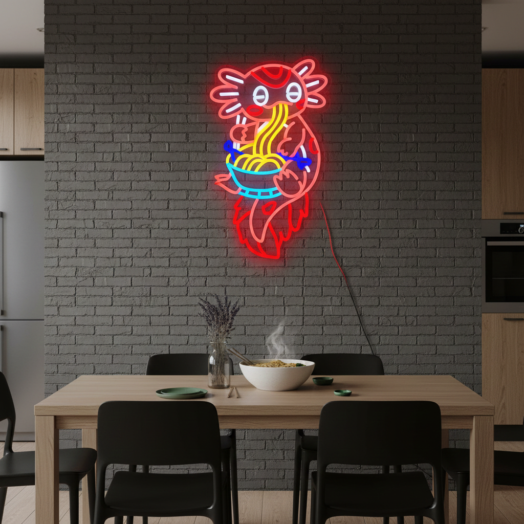 Ramen Salamander LED Neon sign By LEDNeons  - featuring a glowing salamander with a bowl of ramen, adding colorful and playful light to a room.