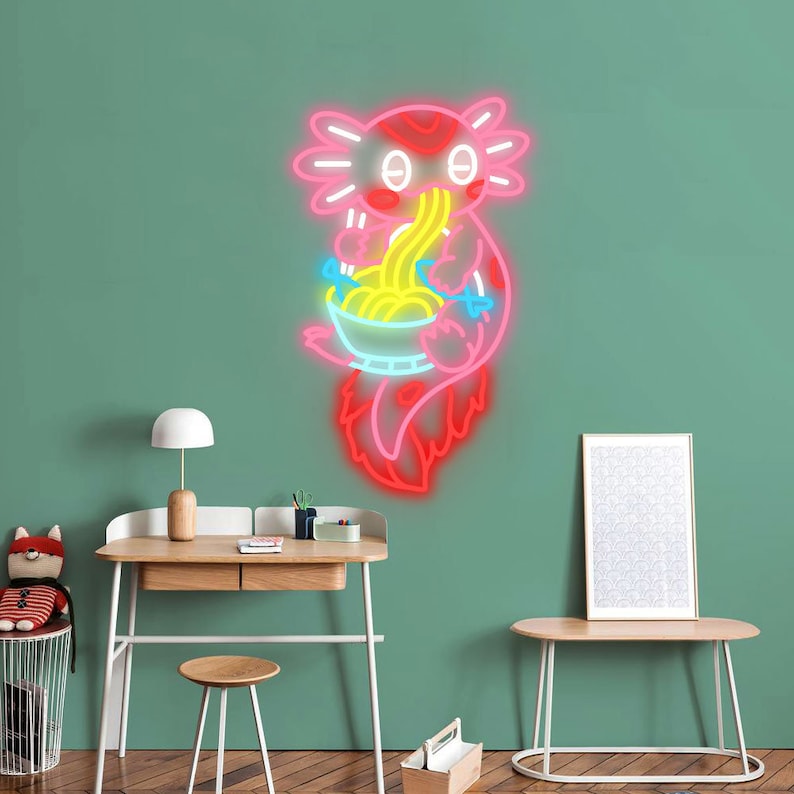 Ramen Salamander LED Neon sign By LedNeon.com - featuring a glowing salamander with a bowl of ramen, adding colorful and playful light to a room.