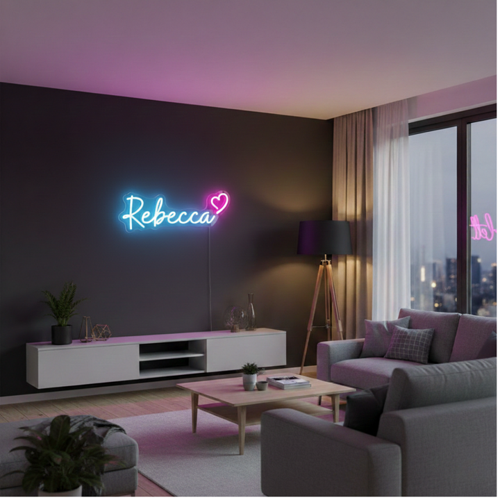 "Rebecca" Name LED Neon sign by LEDNeons  - glowing on a wall, adding a personalized and stylish decorative touch.