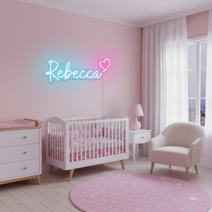 "Rebecca" Name LED Neon sign by LEDNeons  - glowing on a wall, adding a personalized and stylish decorative touch.