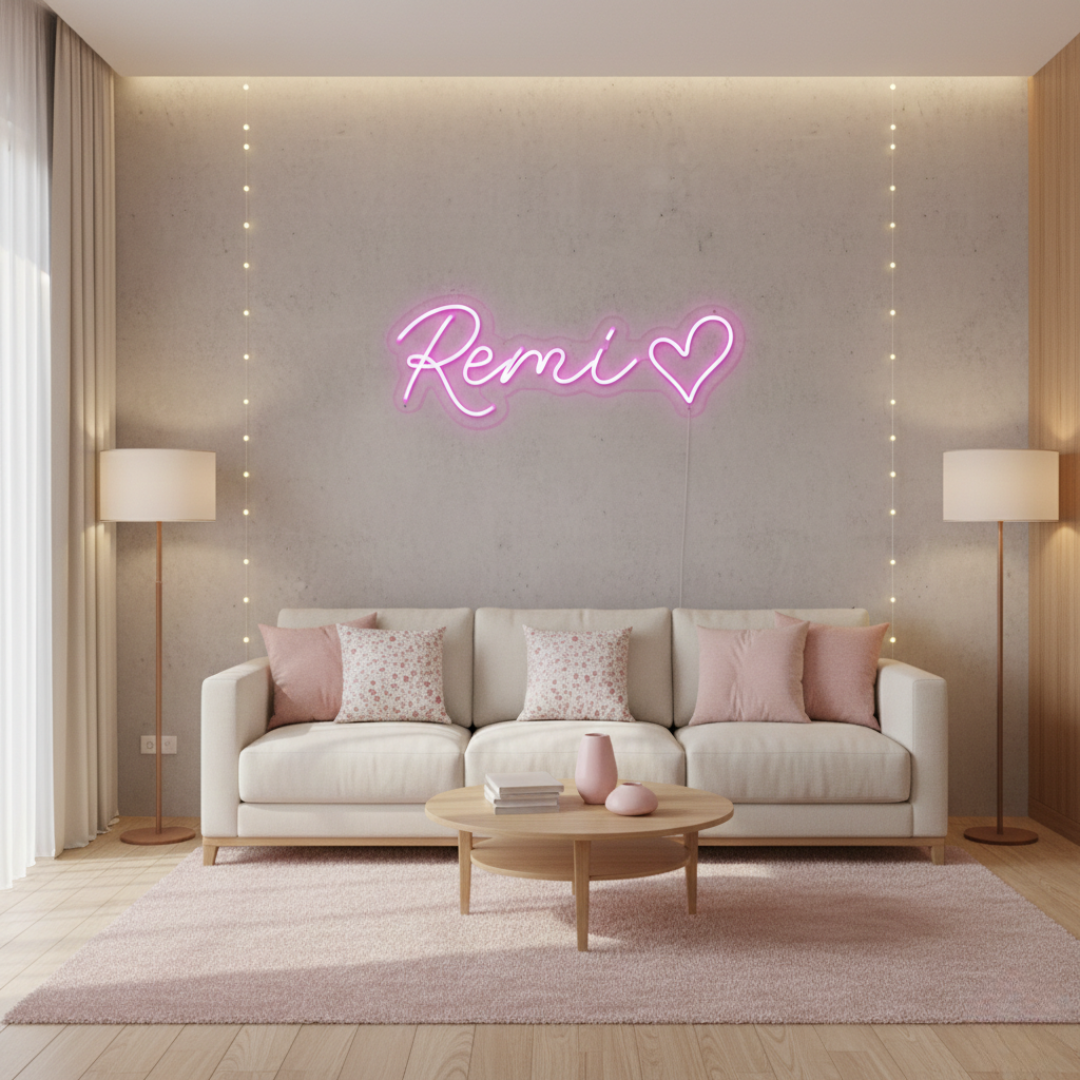 Remi” name LED neon sign by LEDNeons, featuring bright glowing script-style lettering on a wall