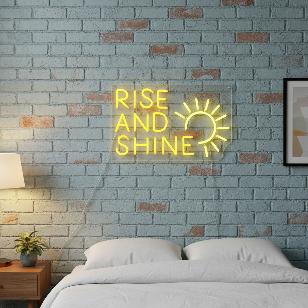 Rise and Shine" LED Neon sign by LEDNeons  - glowing brightly on a wall, adding a cheerful and uplifting vibe to the room.