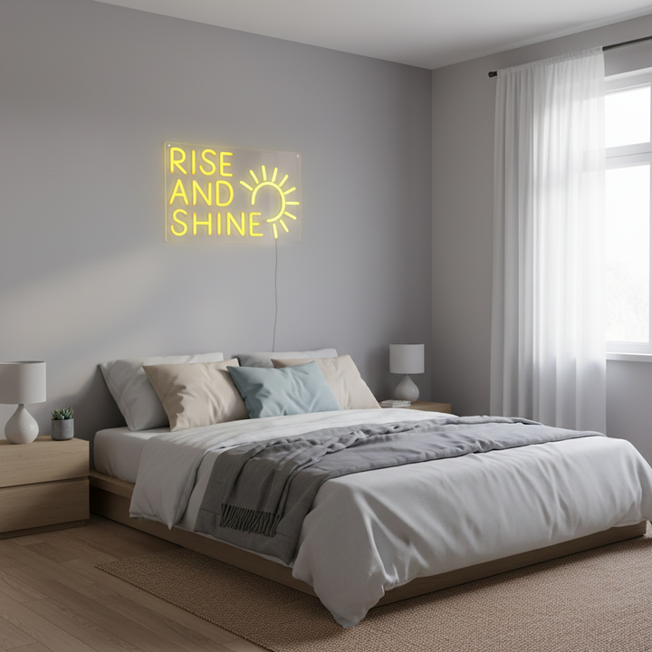 Rise and Shine" LED Neon sign by LEDNeons  - glowing brightly on a wall, adding a cheerful and uplifting vibe to the room.