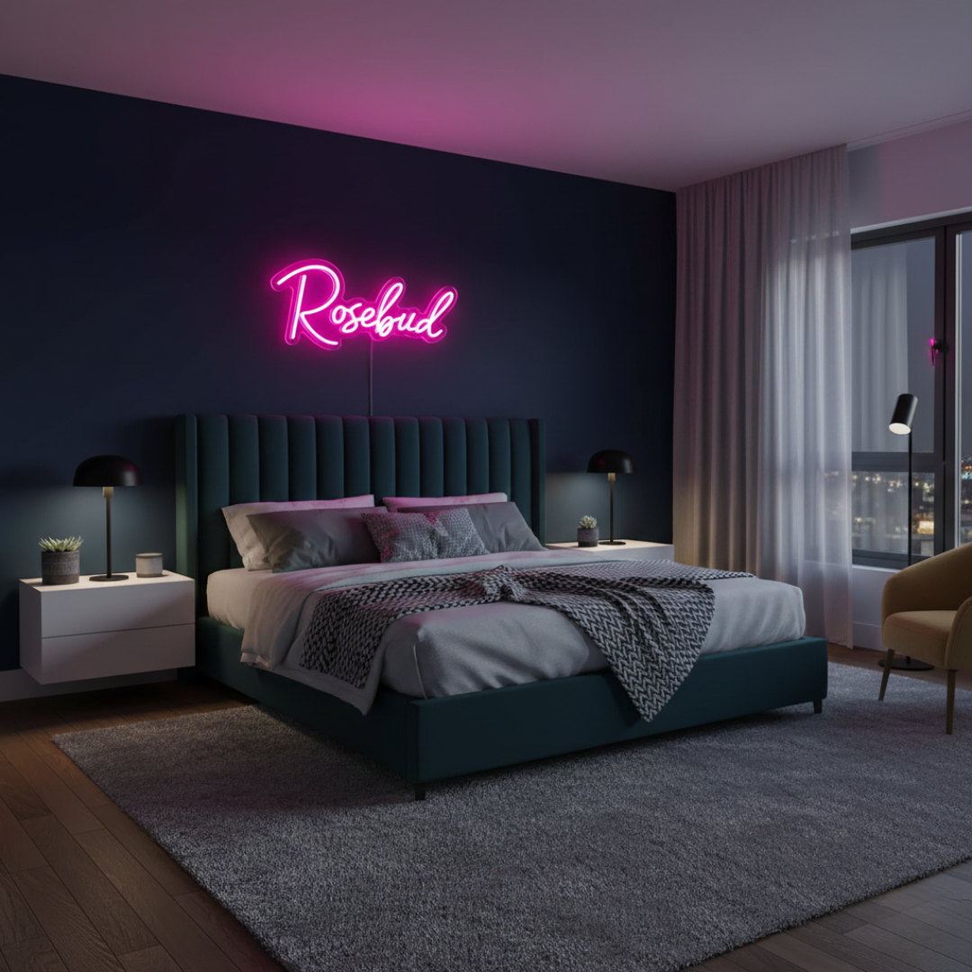 Rosebud Name LED Neon sign by LedNeons.com - glowing softly on a wall, adding a whimsical and personalized decorative touch.